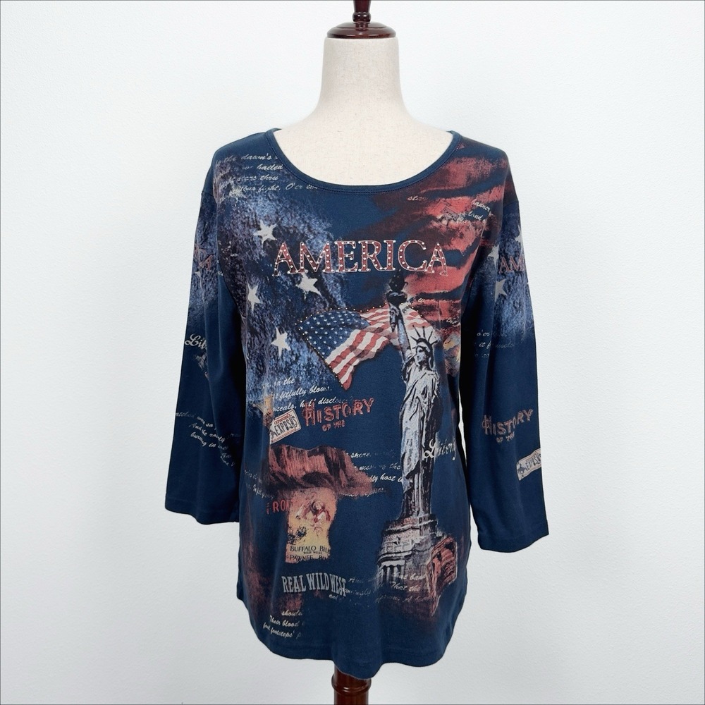 Cactus Top Womens 1X Plus Blue America USA Patriotic Y2K Rhinestone Bling Retro